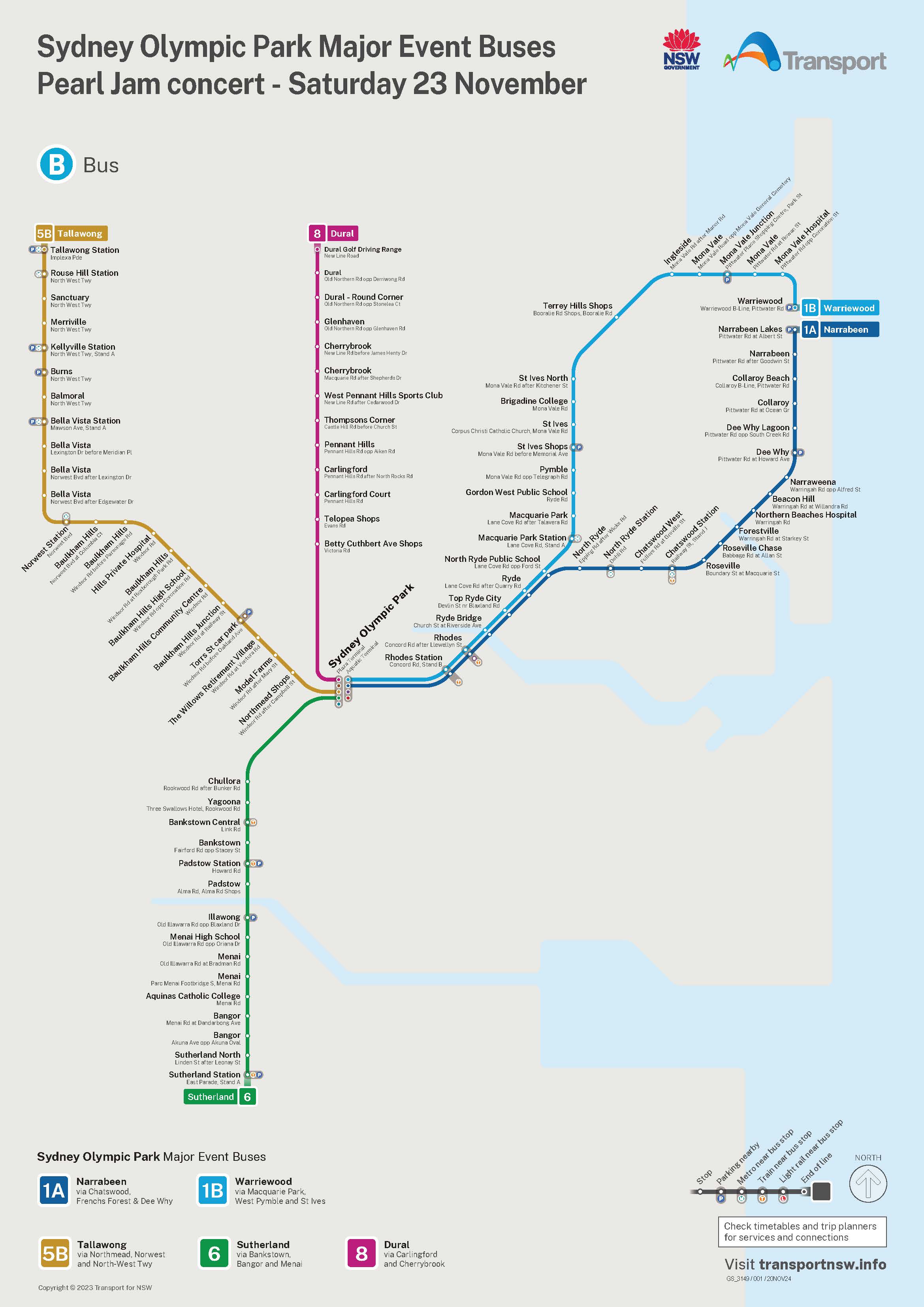 Major Event Bus Route Map - Pearl Jam 23 Nov